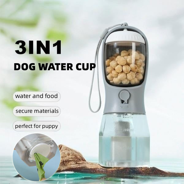 Portable Dog Water Bottle – Leak-Proof Travel Cup with Food Holder (3-in-1 Pet Hydration